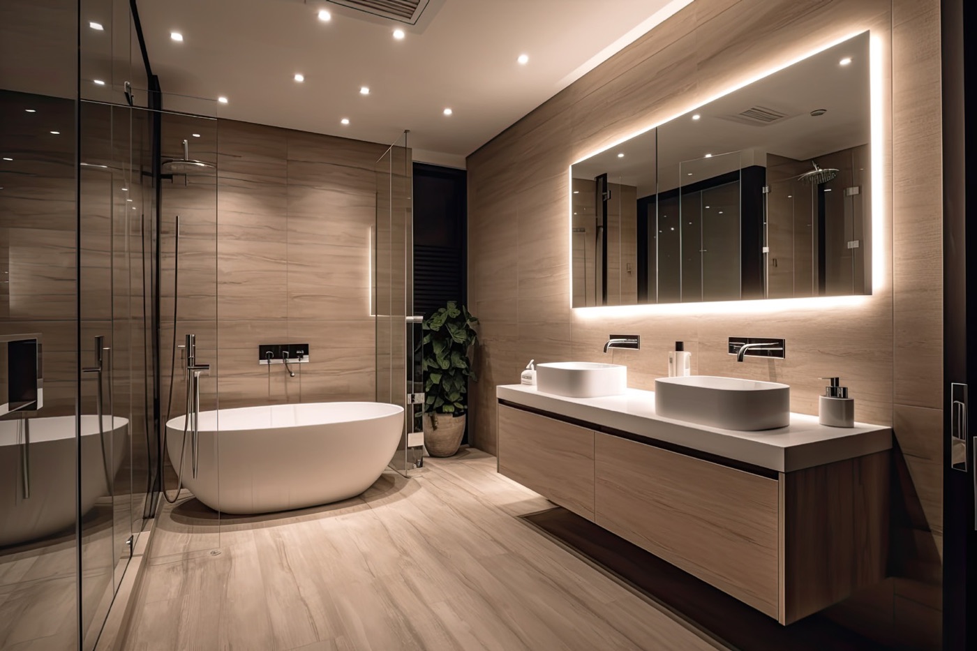 Salle de bain moderne avec baignoire îlot et double vasque